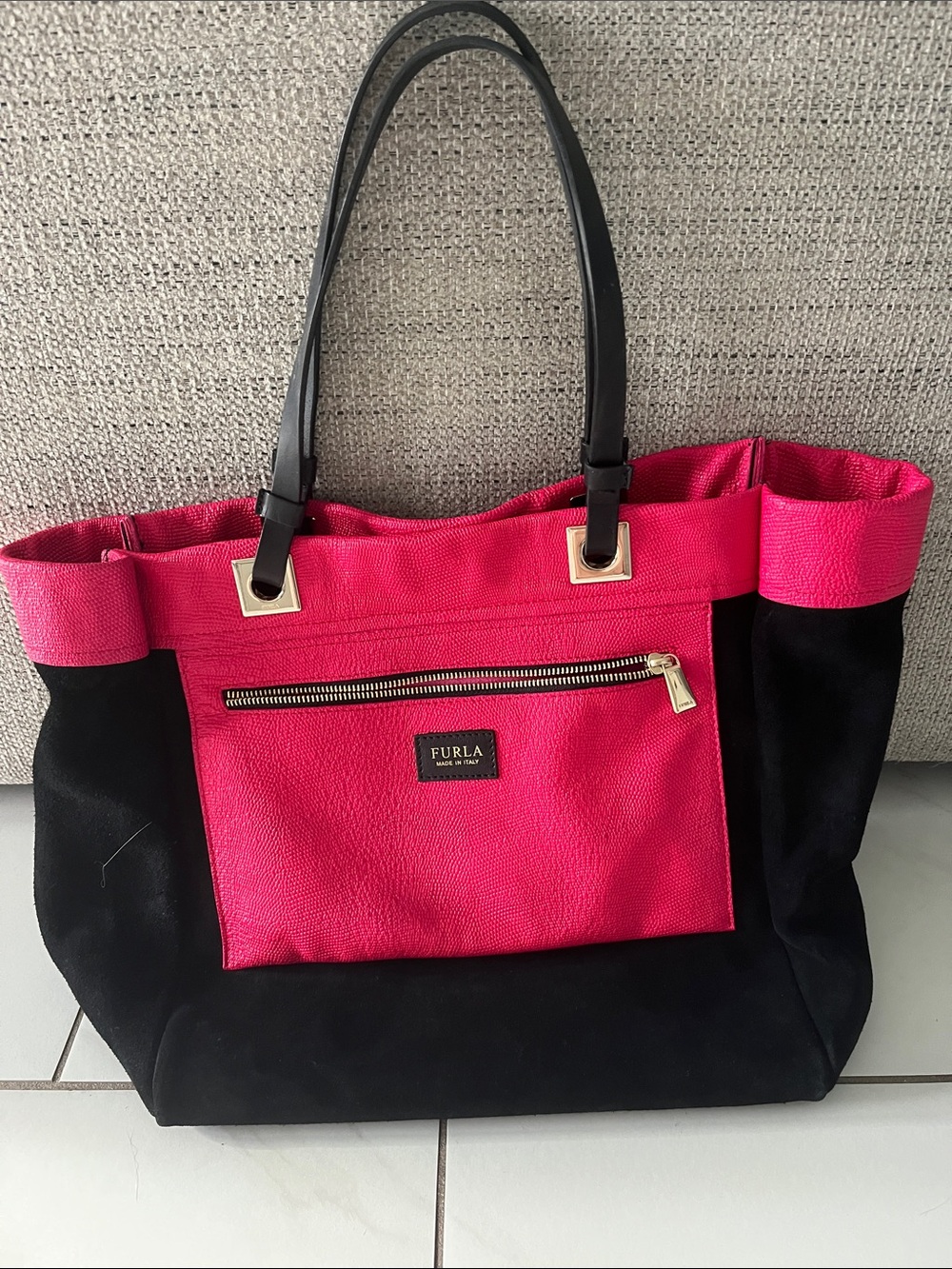 Furla Two-Tone Black and Fuchsia Tote with Front Zip Pocket